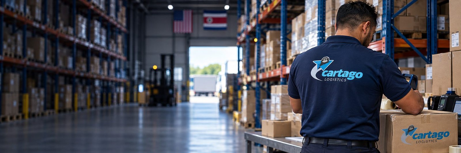 Bodega Cartago Logistics con banderas de USA y Costa Rica y operario preparando envio