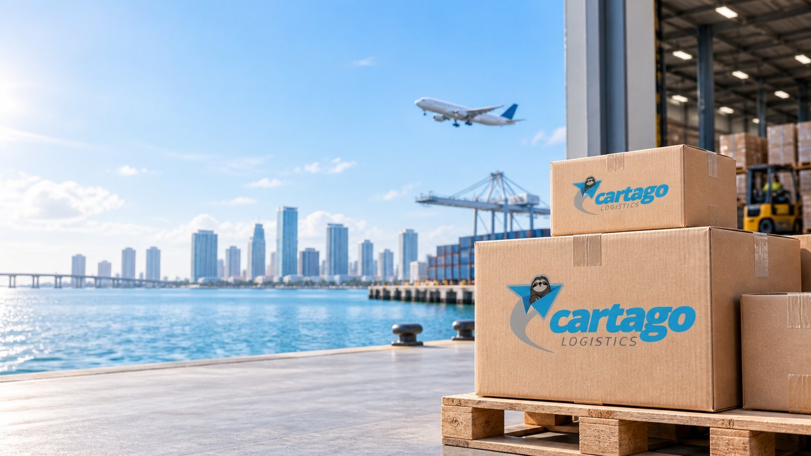 Cajas Cartago Logistics apiladas frente al skyline de Miami con avion despegando